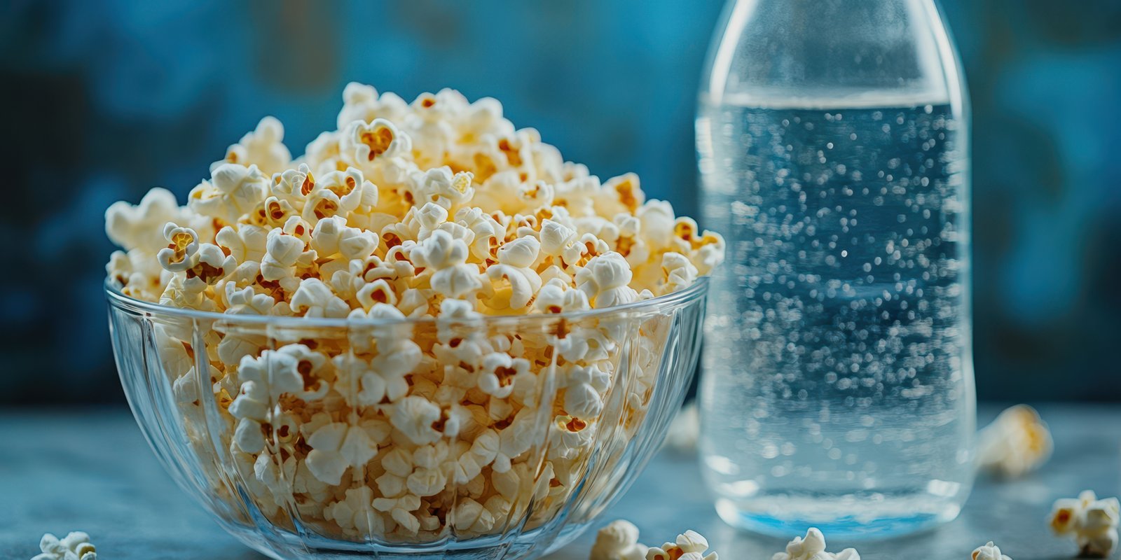 Delicious popcorn served in a bowl alongside a sparkling water bottle on a textured surface
